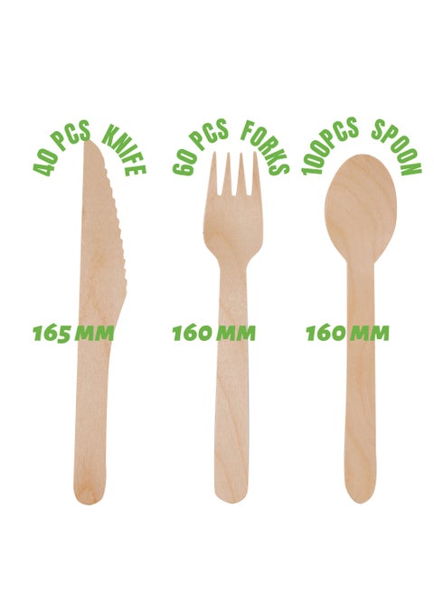 230PCS Set of 100 Disposable Spoons, 60 Disposable Forks, and 40 Disposable Knives. Plus, Receive a Gift of 30 Disposable Paper Straws. This 100% Natural Wooden Disposable Cutlery et is Eco-Friendly