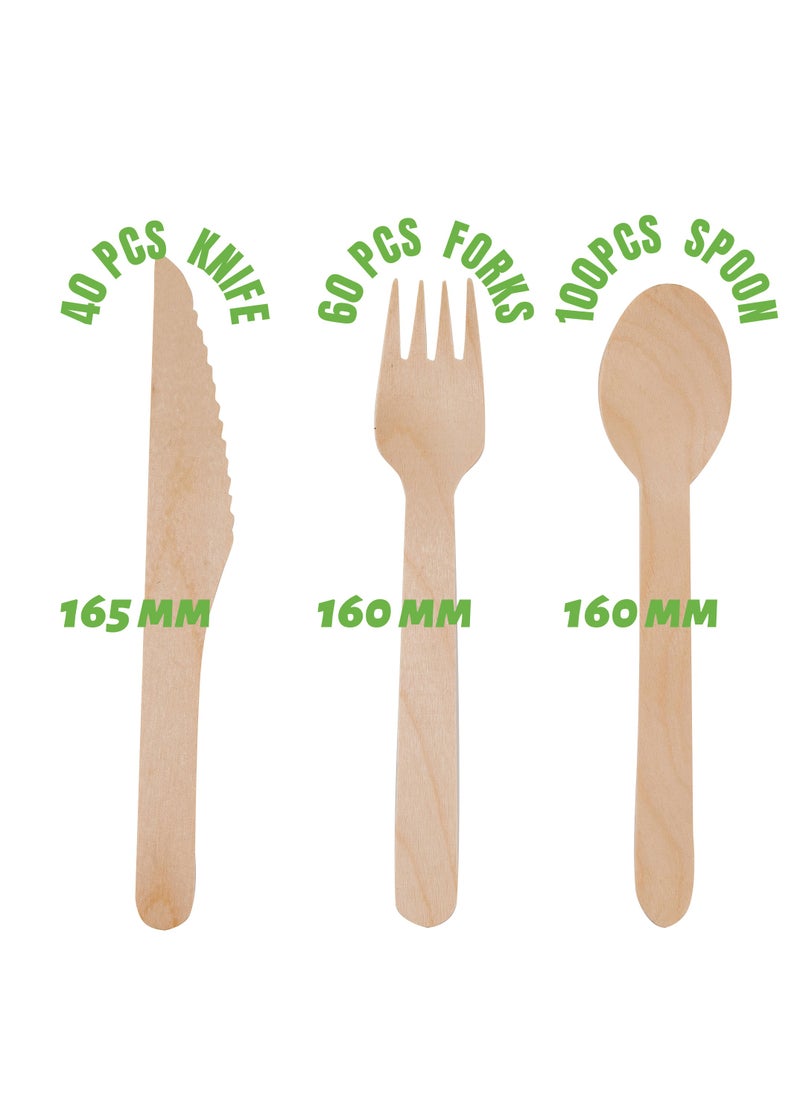 HAIWUYA 230PCS Set of 100 Disposable Spoons, 60 Disposable Forks, and 40 Disposable Knives. Plus, Receive a Gift of 30 Disposable Paper Straws. This 100% Natural Wooden Disposable Cutlery et is Eco-Friendly  - Image 1