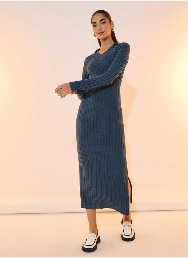 Take Two Solid Ribbed Polo Neck Bodycon Midi Dress  - Image 1