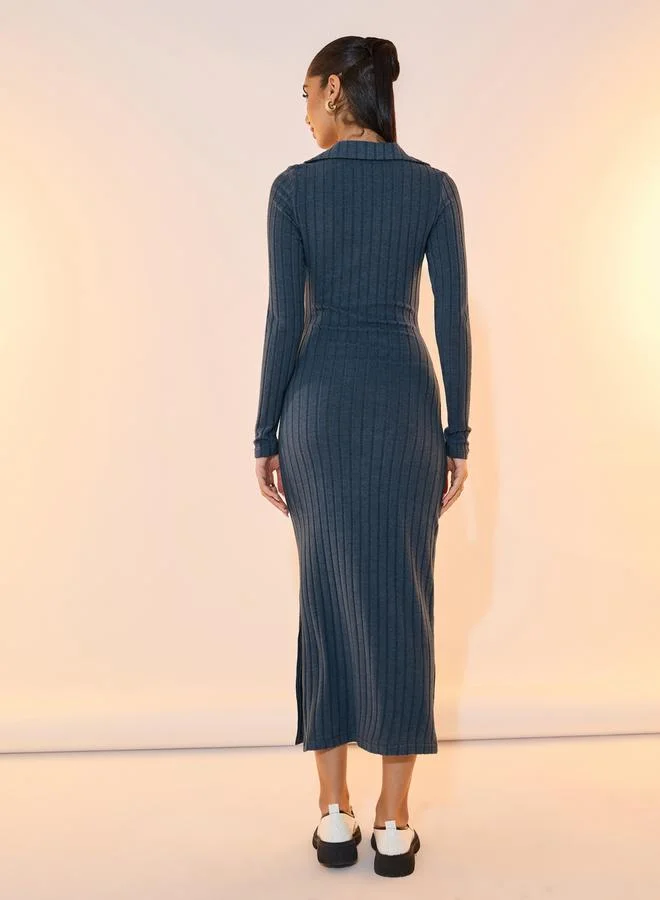 Styli Styli Solid Ribbed Polo Neck Bodycon Midi Dress