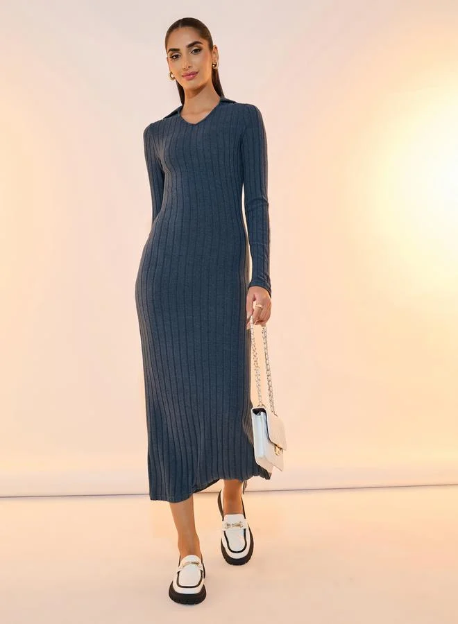 Styli Styli Solid Ribbed Polo Neck Bodycon Midi Dress