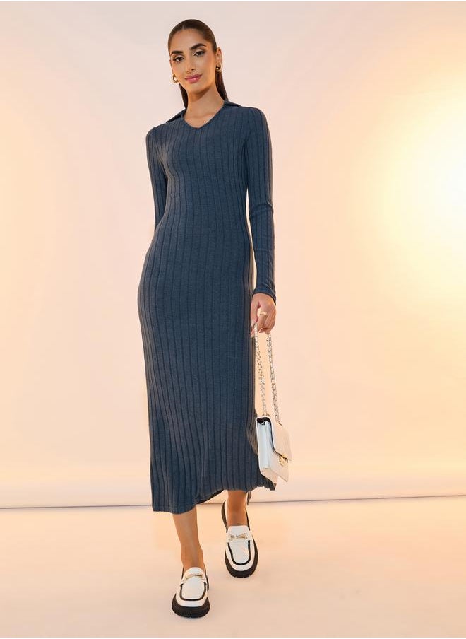 Take Two Solid Ribbed Polo Neck Bodycon Midi Dress  - Image 4