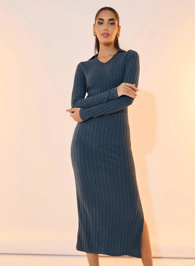 Styli Styli Solid Ribbed Polo Neck Bodycon Midi Dress