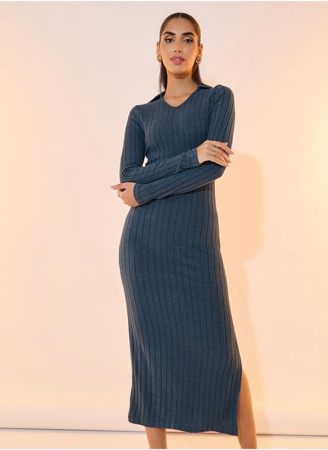 Take Two Solid Ribbed Polo Neck Bodycon Midi Dress  - Image 5