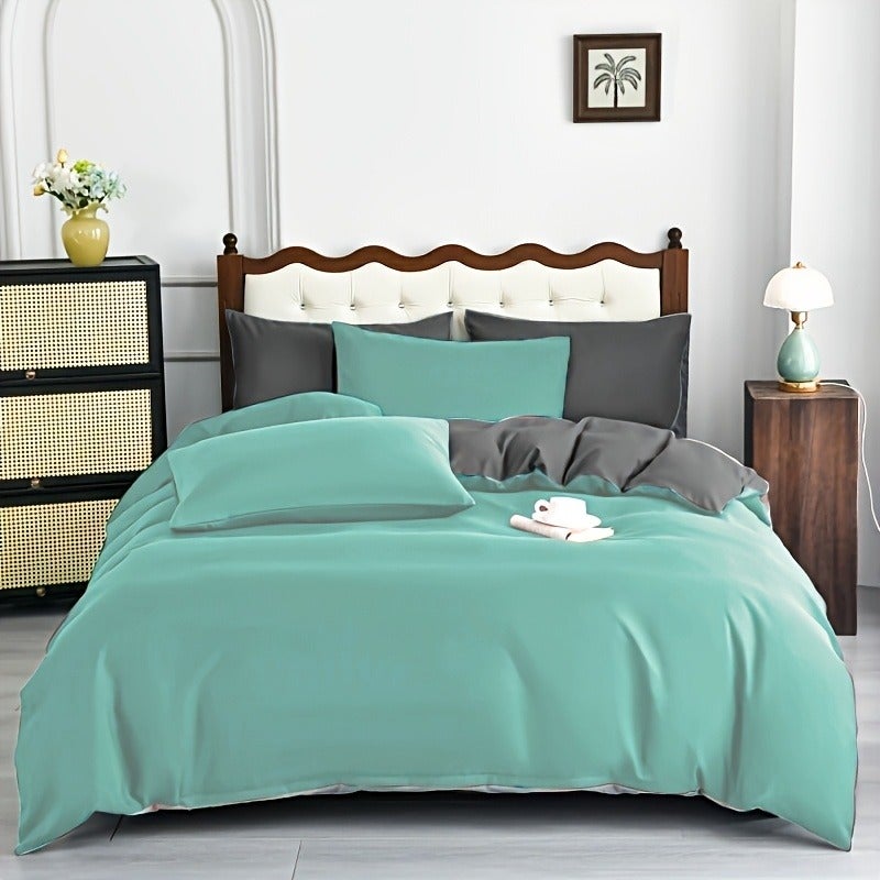 5pcs Dual-Style Solid Color Duvet Cover and Pillowcase Set, Brushed Fabric Skin-Friendly All-Season Breathable Comfortable Minimalist Duvet Cover and Pillowcase Set, Includes One Duvet Cover and Four Pillowcases - Image 1