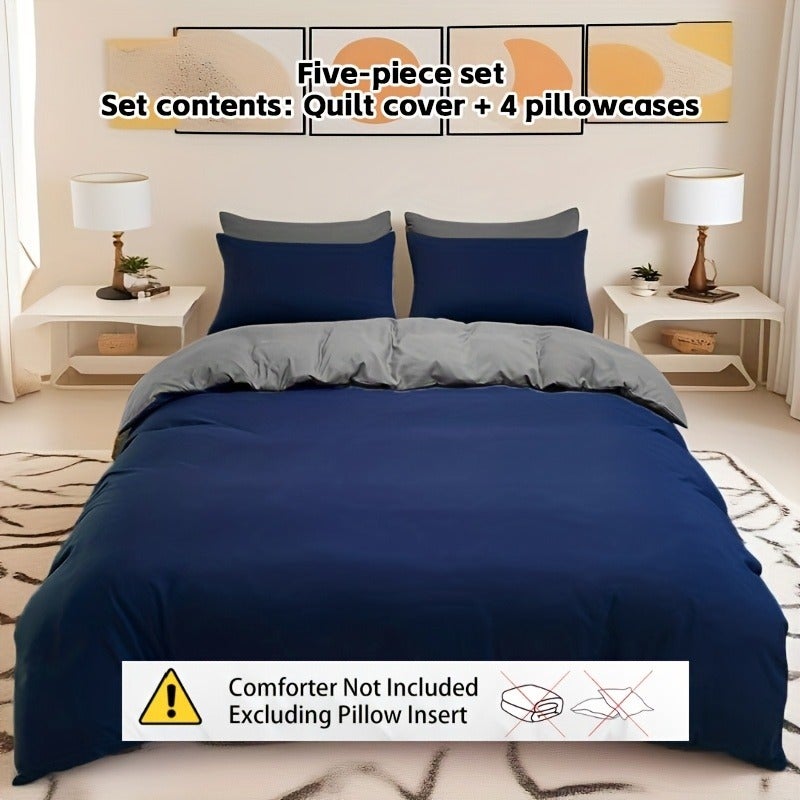 5pcs Dual-Style Solid Color Duvet Cover and Pillowcase Set, Brushed Fabric Skin-Friendly All-Season Breathable Comfortable Minimalist Duvet Cover and Pillowcase Set, Includes One Duvet Cover and Four Pillowcases - Image 3