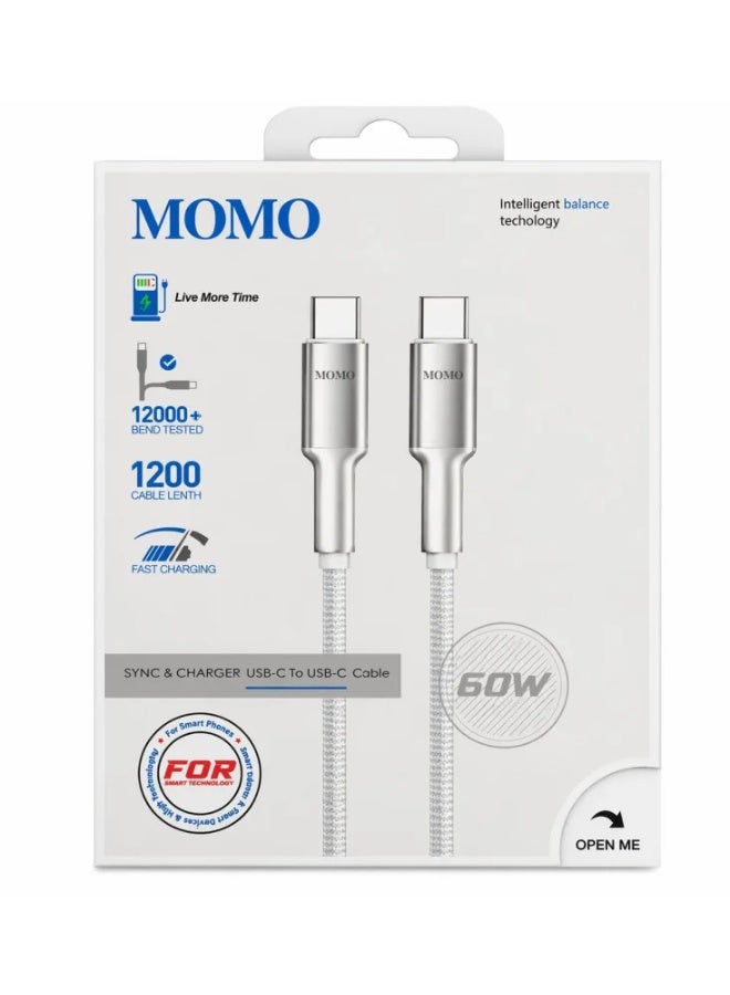 كابل شحن مومو USB-C إلى USB-C بقوة 60 وات 1.2 متر أبيض MO-011030