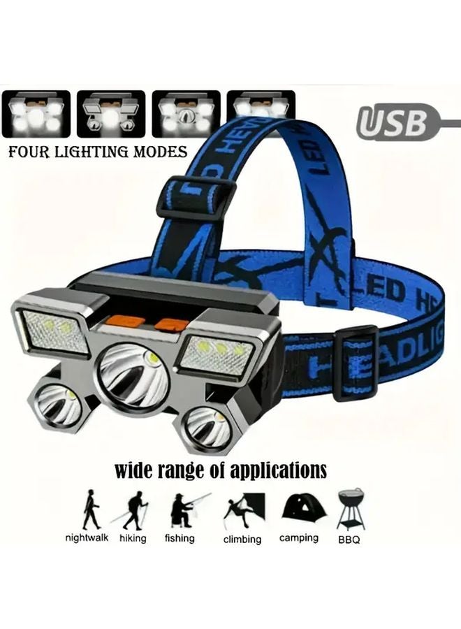 Blue Portable 5 LED USB Rechargeable Outdoor Headlight for Camping Fishing Hunting - Image 2