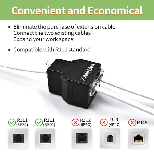 XANHAM Phone Cable 2 Way Splitter RJ11 6P4C Telephone Line Cord Adapter with 3 inch Cable for Landline Phone Wire, Black, AV01203 - Image 4