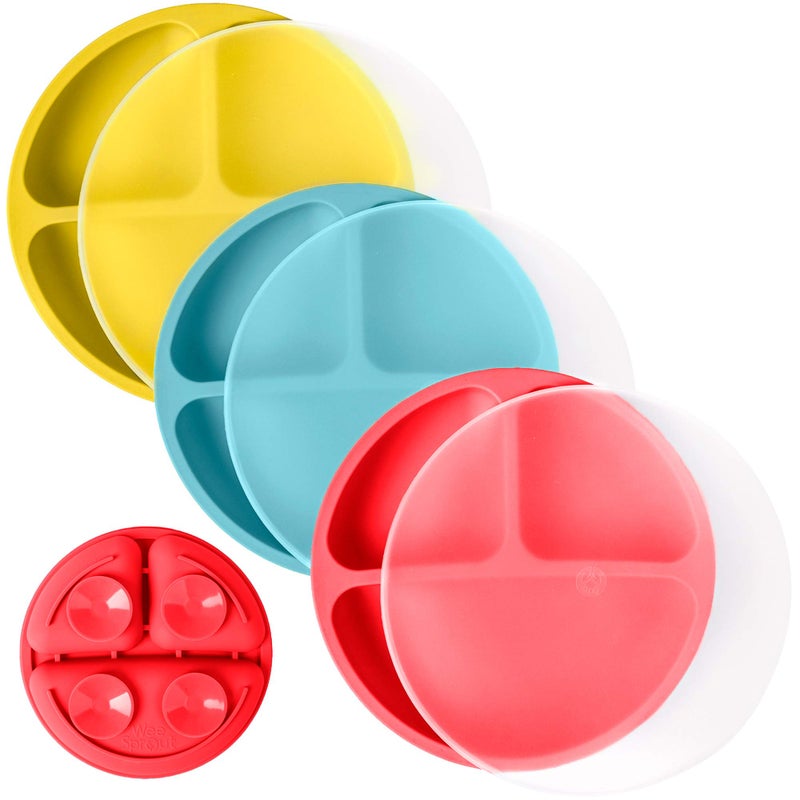 أطباق وي سبرات المسطحة مع أغطية للأطفال والرضع 100% سيليكون أدوات مائدة تبقى في مكانها تصميم مقسم للآكلين الانتقائيين صديقة للميكروويف وغسالة الصحون عبوة من 3 قطع