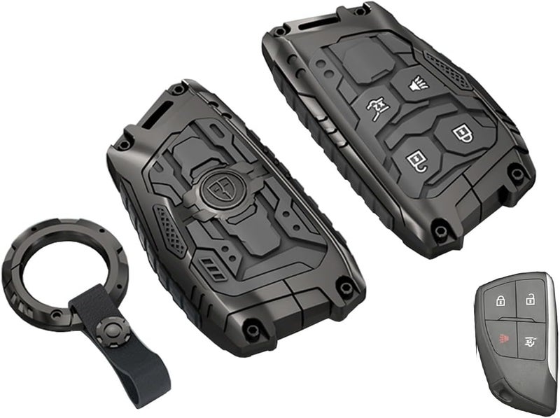 AYGUCEKE غطاء واقي ثقيل لحافظة المفتاح مناسب لسيارات شيفروليه كولورادو وإكوينوكس وسيلفرادو وجي إم سي كانيون وسييرا 2025 2024 2023، واقي لحافظة مفتاح التحكم عن بعد للدخول بدون مفتاح مع سلسلة مفاتيح 4 أزرار (أسود) - Image 1