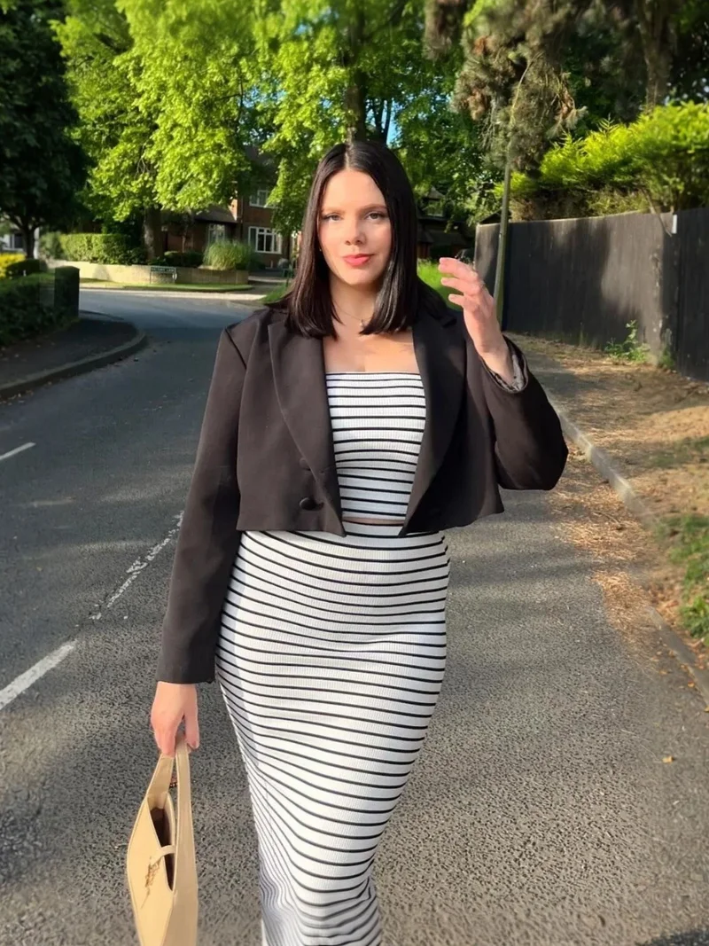 2 Pieces: Striped Strapless Crop top & Striped Mid Rise Midi Skirt