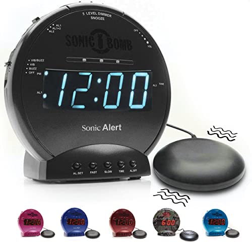 Sonic Alert Sonic Bomb Dual Alarm Clock with Bed Shaker, Black Vibrating Alarm Clock Heavy Sleepers, Battery Backup | Wake with a Shake - Image 1