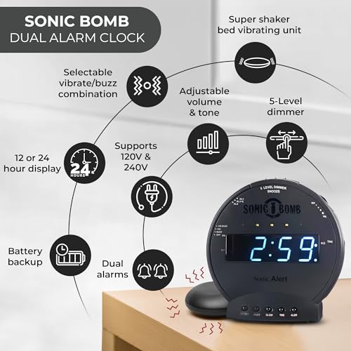 Sonic Alert Sonic Bomb Dual Alarm Clock with Bed Shaker, Black Vibrating Alarm Clock Heavy Sleepers, Battery Backup | Wake with a Shake - Image 5