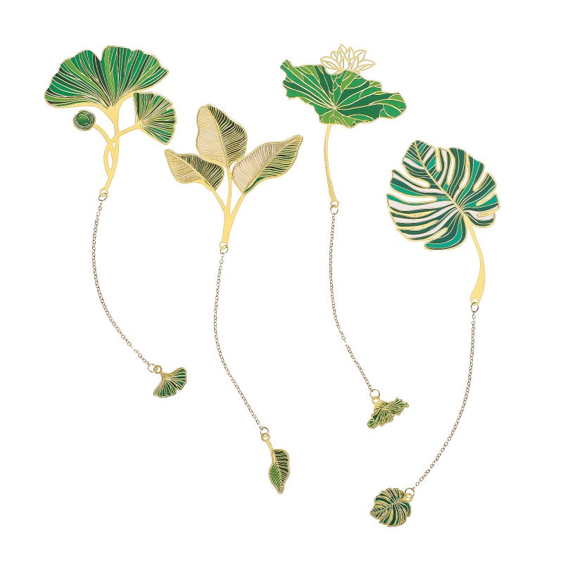 WY LIGHTING LEVEL 4Pcs Metal Bookmarks With Chain Lotus Leaf Bookmark Birthday Gifts Teacher Christmas Gifts Unique Plant Gifts Literary Accessory Appreciation Stuffers For Women Grils Readers Writers Book Lovers - Image 1