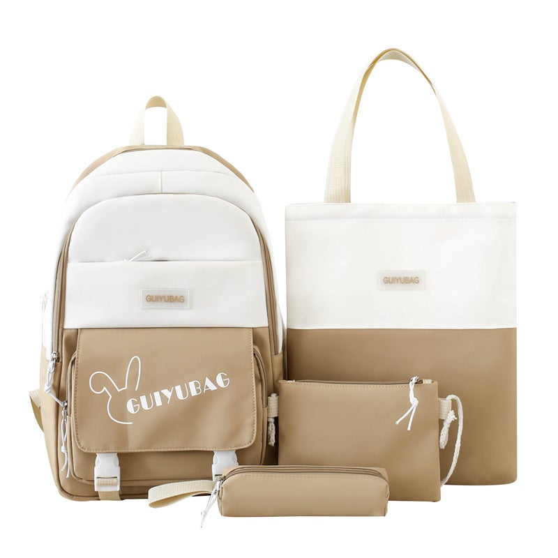 Korean Style Large Capacity Backpack Set for Students khaki four-piece set 
