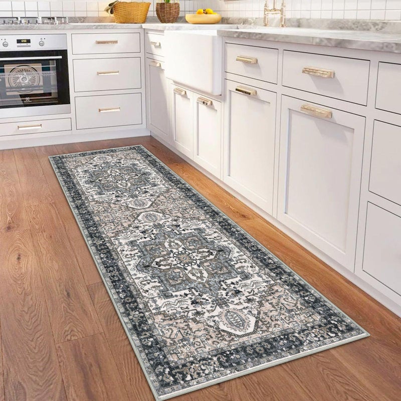 KOZYFLY Runners for Hallways 2x6 Ft Washable Kitchen Runner Rug Boho Runner Rug for Entryway Indoor Printed Oriental Faux Wool Floor Carpet Runner for Bedroom Kitchen Hall, Black/Taupe/Beige - Image 2