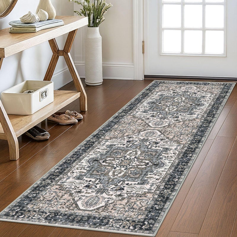 KOZYFLY Runners for Hallways 2x6 Ft Washable Kitchen Runner Rug Boho Runner Rug for Entryway Indoor Printed Oriental Faux Wool Floor Carpet Runner for Bedroom Kitchen Hall, Black/Taupe/Beige - Image 1