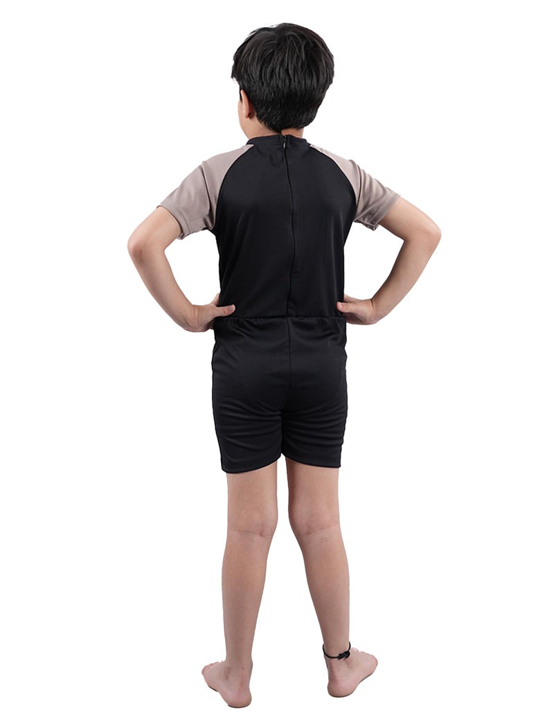 KiddoPanti Boys & Girls Half Sleeve Mid Thigh Length Swim Suit, Black & Lt Brown, 3-4Y - Image 2