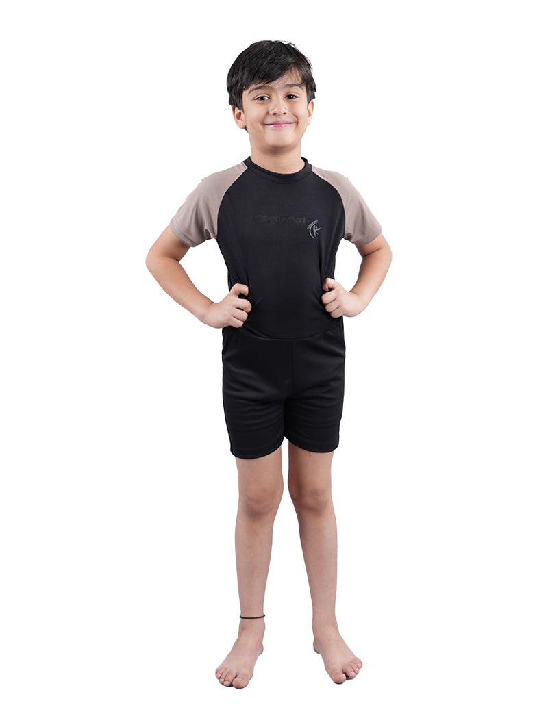 KiddoPanti Boys & Girls Half Sleeve Mid Thigh Length Swim Suit, Black & Lt Brown, 3-4Y - Image 1