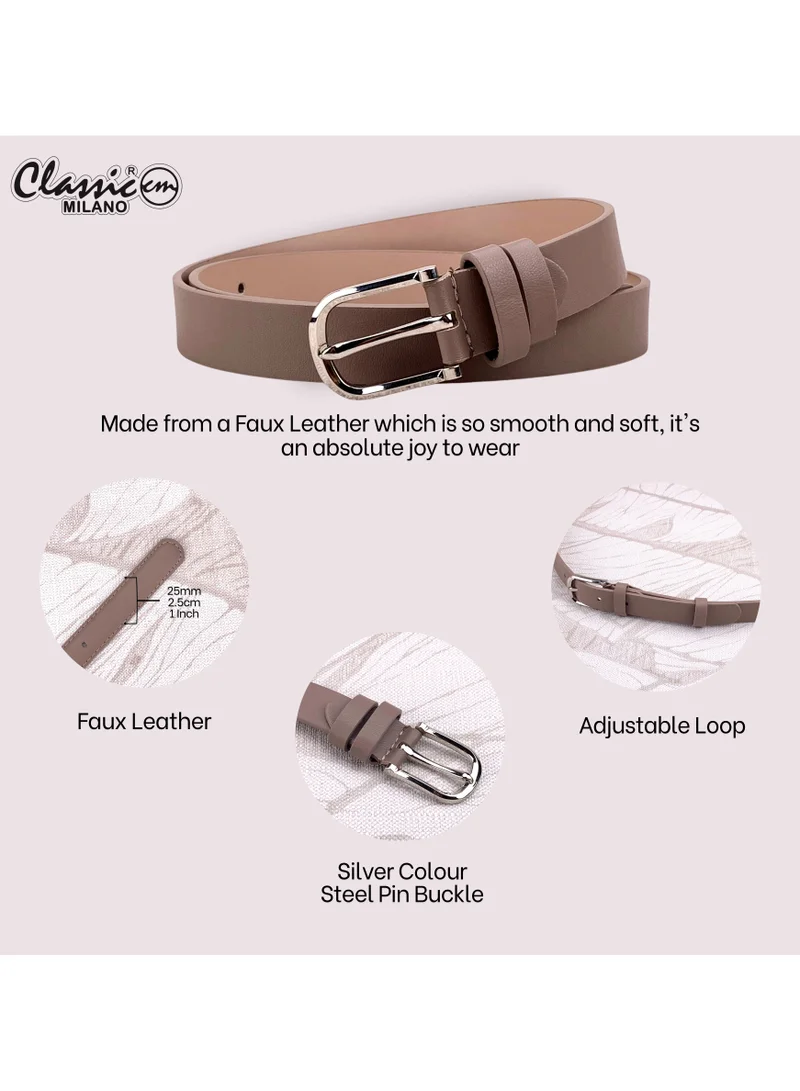 Classic Milano Dusky Brown (SGPU22) Classic Milano Women's Belt with Gift Box; Faux Leather Ladies Belt for Dresses, Jeans & Gowns; Stylish Womens Belt; Adjustable Girls Belt; Belt for Women | Full Length: 110 CM (Free Size - Fits up to the waist of 40 Inches / 100 CM) for Women | Best Price UAE