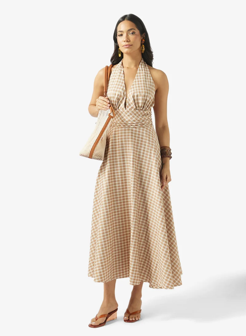 Fyor  Plaid Halter Neck Maxi Dress for Women | Best Price UAE