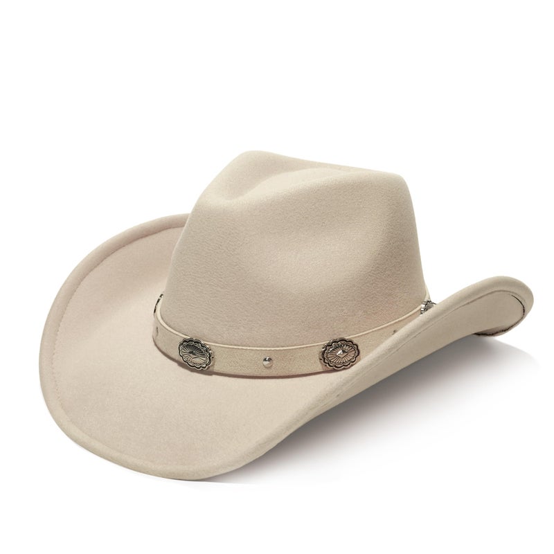 YOUBADU Faux Suede Felt Western Cowboy Hat for Women or Men, Wide Brim, Rivet Strap (US, Alpha, One Size, Medium, Beige) - Image 1