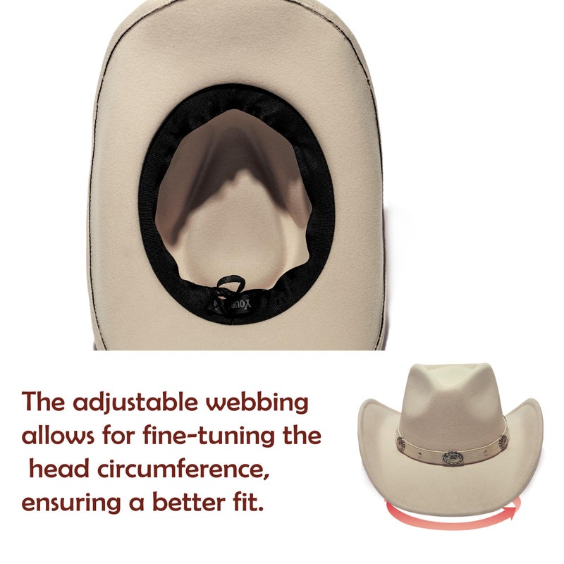 YOUBADU Faux Suede Felt Western Cowboy Hat for Women or Men, Wide Brim, Rivet Strap (US, Alpha, One Size, Medium, Beige) - Image 4