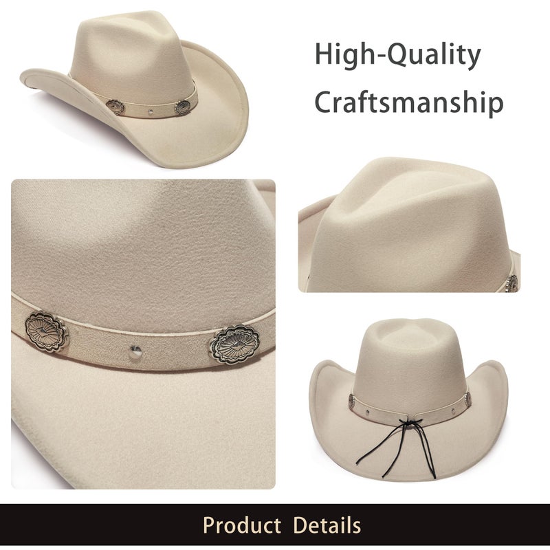 YOUBADU Faux Suede Felt Western Cowboy Hat for Women or Men, Wide Brim, Rivet Strap (US, Alpha, One Size, Medium, Beige) - Image 5