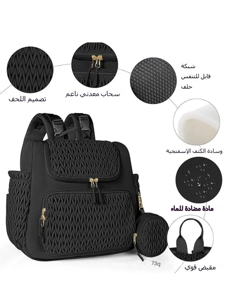 حقيبة حفاضات جديدة على شكل حقيبة ظهر متعددة الوظائف مع حصيرة حفاضات وصندوق للاقعدة وحزام لعربة الأطفال سعة كبيرة (أسود)  - Image 4