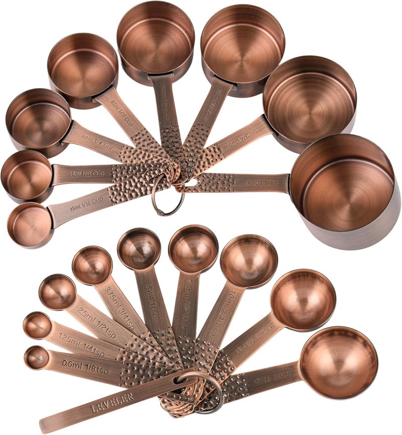 Smithcraft Copper Measuring Cups and Spoons Set, Stainless Steel Measuring Cups Spoons, Metal Metric & US 8 Measure Cup, 9 Kicthen Measure Spoons & Leveler for Baking & Kitchen - Image 1
