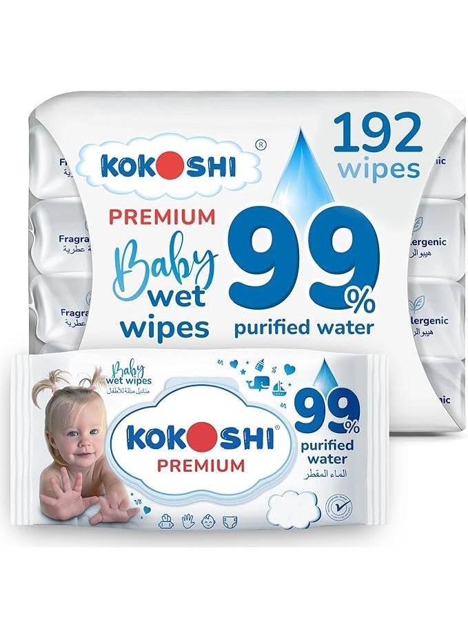 Kokoshi Premium Baby Wet Wipes with 99% Purified Water, 192 Wipes