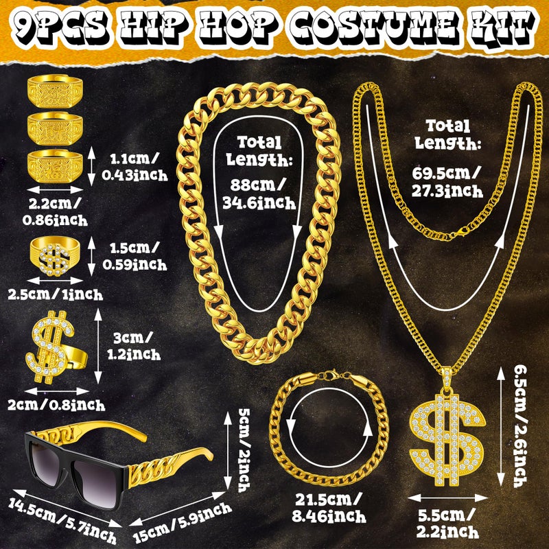 QZYL 9 Pcs 80s 90s Outfit Rapper Costume Accessories, Old School Hip Hop Costume, Fake Gold Chain Rapper Ring Dollar Sign Chain Sunglasses, Hip Hop Cosplay Accessories for Halloween Dress Up Parties - Image 2