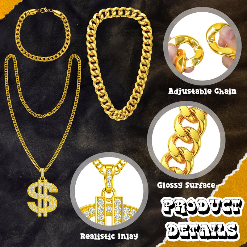 QZYL 9 Pcs 80s 90s Outfit Rapper Costume Accessories, Old School Hip Hop Costume, Fake Gold Chain Rapper Ring Dollar Sign Chain Sunglasses, Hip Hop Cosplay Accessories for Halloween Dress Up Parties - Image 3