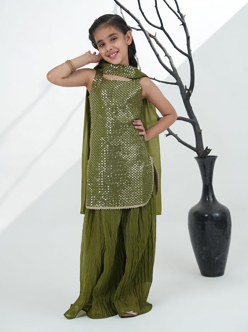 AJ DEZINES Girls Georgette Sleeveless Green Kurta Sharara Set for Kids - Ethnic Wear | Festival Outfit - Sequins Embroidered Printed Pattern, Regular Fit (G-1168-GREEN-24) - Image 2
