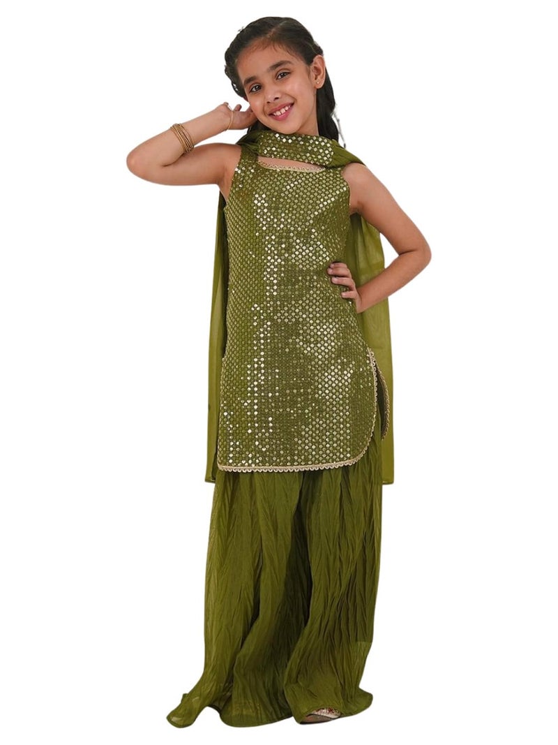 AJ DEZINES Girls Georgette Sleeveless Green Kurta Sharara Set for Kids - Ethnic Wear | Festival Outfit - Sequins Embroidered Printed Pattern, Regular Fit (G-1168-GREEN-24) - Image 1