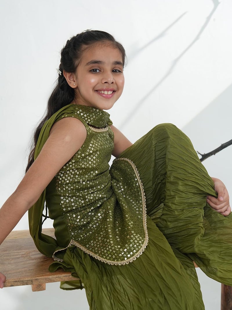 AJ DEZINES Girls Georgette Sleeveless Green Kurta Sharara Set for Kids - Ethnic Wear | Festival Outfit - Sequins Embroidered Printed Pattern, Regular Fit (G-1168-GREEN-24) - Image 5