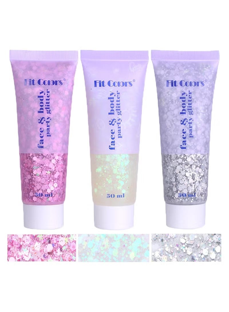 Fit Colors جل الجسم المتلمع الوجه المتلمع: حفلات المغني مهرجان الديسكو إكسسوارات الراف ماكياج الوجه المتلمع 150 مل سميك بائع حورة البحر جل الجسم المتلمع للشعر (أبيض وفضي ووردي) - Image 1