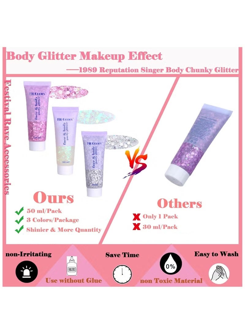 Fit Colors جل الجسم المتلمع الوجه المتلمع: حفلات المغني مهرجان الديسكو إكسسوارات الراف ماكياج الوجه المتلمع 150 مل سميك بائع حورة البحر جل الجسم المتلمع للشعر (أبيض وفضي ووردي) - Image 3