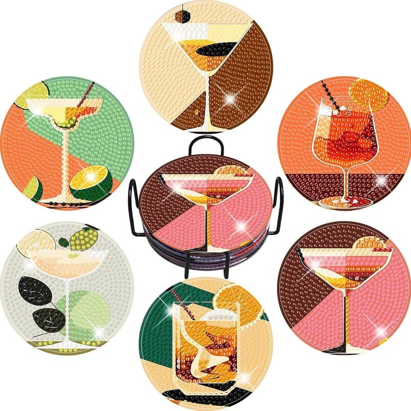 igoodom Diamond Art Coasters Kit, 6 PCS Cocktail Diamond Painting Coasters Kit for Adults with Holder, DIY Mosaic Crafts for Adults 3.9inch - Image 1
