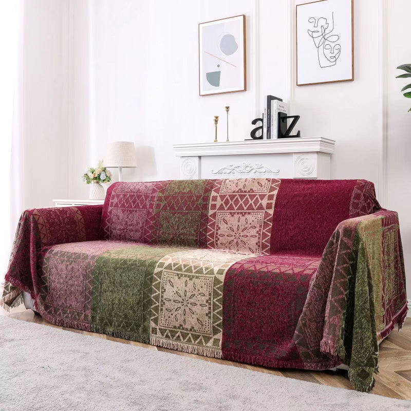 Nordic Ethnic Chenille Sofa Throw Blanket Green/red 