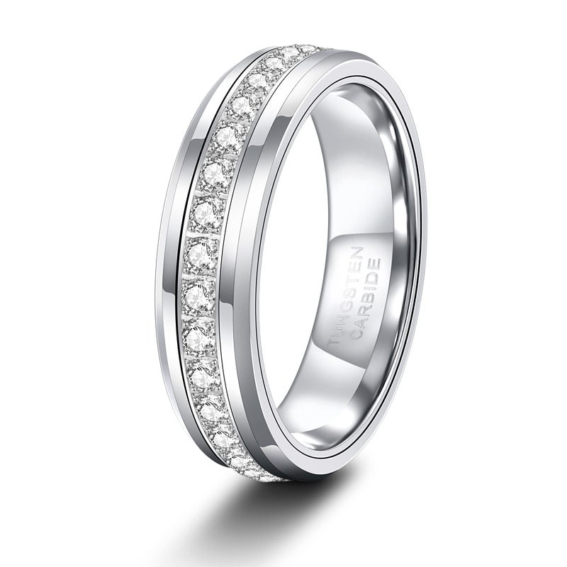 TRUMIUM 6mm Mens Wedding Band Tungsten Rings for Women Men with White Cubic Zirconia Eternity Ring CZ Inlaid Silver Plated Wedding Rings Beveled Edges Comfort Fit Size 10 - Image 1