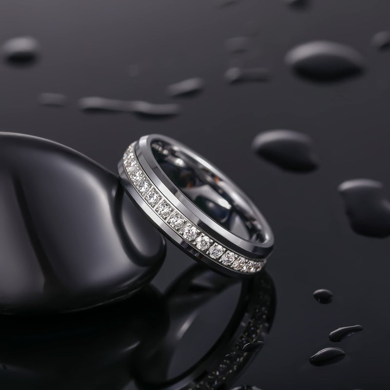 TRUMIUM 6mm Mens Wedding Band Tungsten Rings for Women Men with White Cubic Zirconia Eternity Ring CZ Inlaid Silver Plated Wedding Rings Beveled Edges Comfort Fit Size 10 - Image 3
