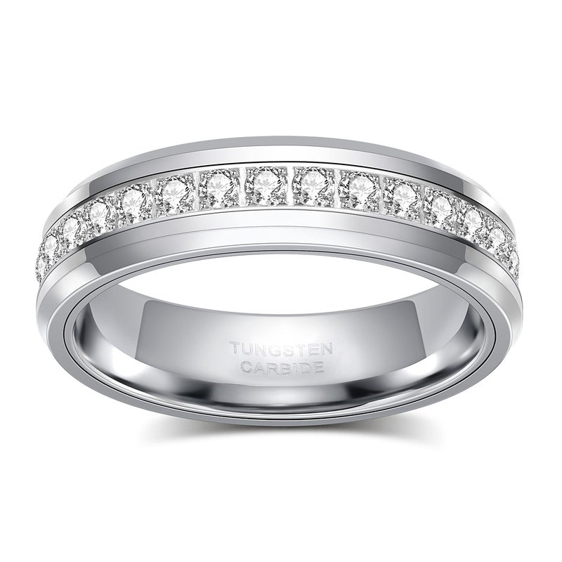 TRUMIUM 6mm Mens Wedding Band Tungsten Rings for Women Men with White Cubic Zirconia Eternity Ring CZ Inlaid Silver Plated Wedding Rings Beveled Edges Comfort Fit Size 10 - Image 2