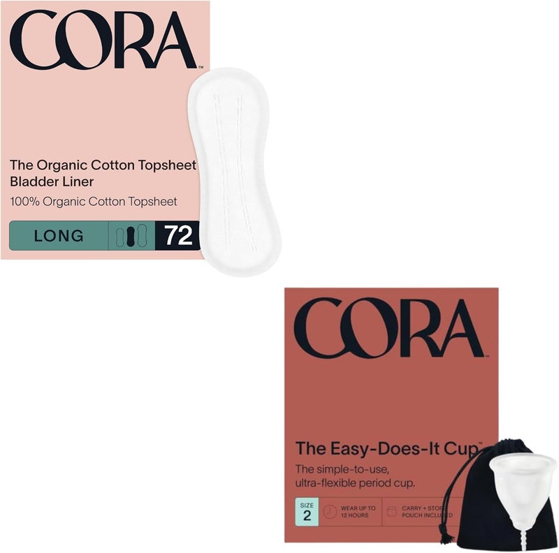 Cora Organic Feminine Care  72 Long Bladder Liners Incontinence  Postpartum Pads and a Size 2 Menstrual Period Cup  Medical Grade Silicone  EcoConscious  Bundle Pack - Image 1