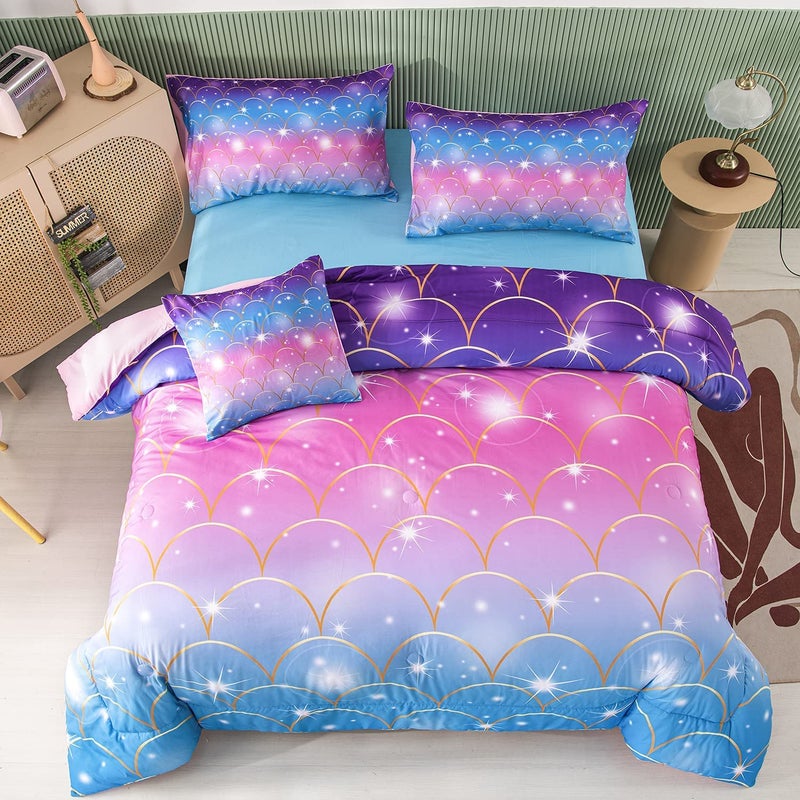 PERFEMET Pink Mermaid Comforter Set Full Size 6 Pieces Bed in A Bag Colorful Rainbow Bedding Set for Teens Girls 3D Sparkly Glitter Ombre Bed Set with Comforter and Sheets Pink Mermaid Full