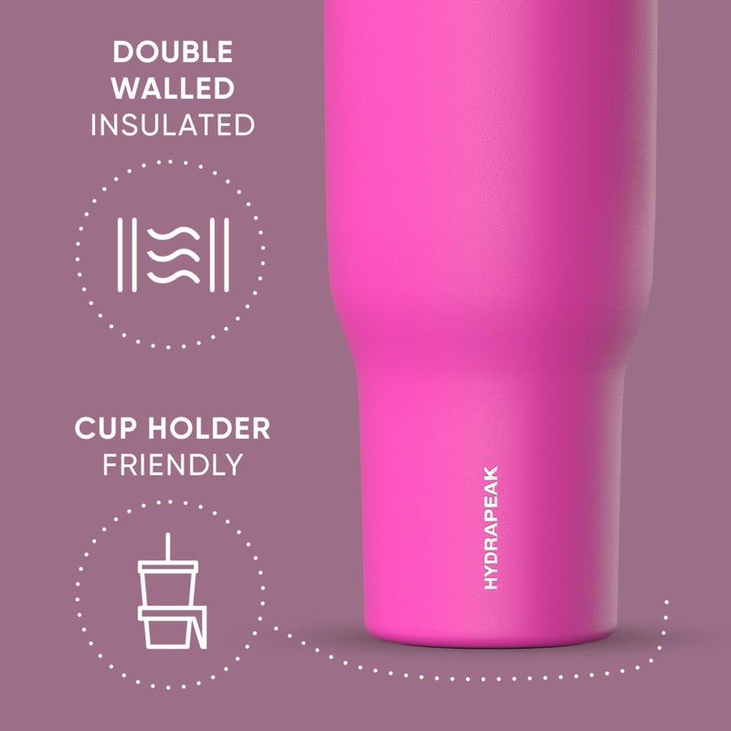 Hydrapeak Voyager 40 Oz Stainless Steel Tumbler with Handle, Insulated Water Bottle With Straw & Lid, Cupholder Friendly Reusable Travel Mug (Fuchsia) - Image 3
