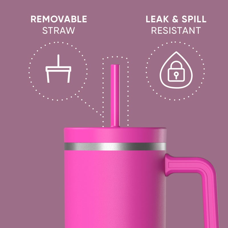 Hydrapeak Voyager 40 Oz Stainless Steel Tumbler with Handle, Insulated Water Bottle With Straw & Lid, Cupholder Friendly Reusable Travel Mug (Fuchsia) - Image 4