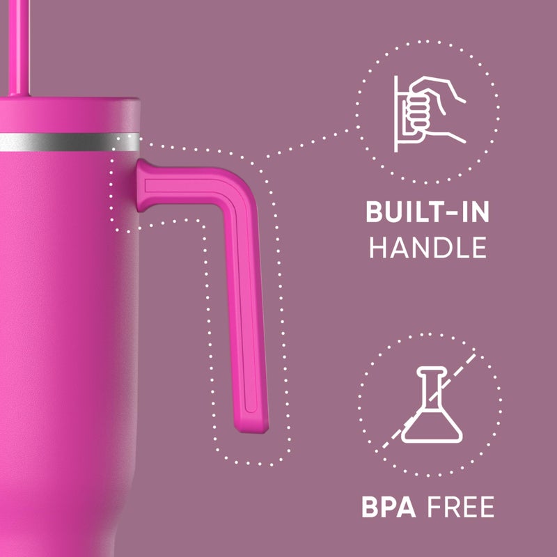 Hydrapeak Voyager 40 Oz Stainless Steel Tumbler with Handle, Insulated Water Bottle With Straw & Lid, Cupholder Friendly Reusable Travel Mug (Fuchsia) - Image 2