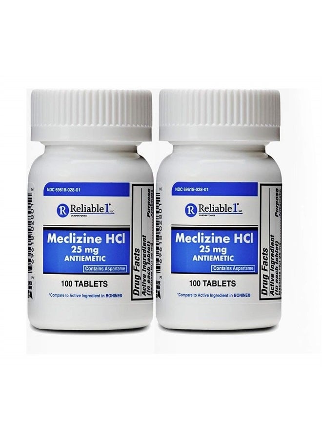 Reliable-1 Laboratories - Meclizine 25 mg Generic Bonine Motion Sickness (100 Chewable Tablets Each (2-Pack) - Prevent Nausea, Vomiting, and Dizziness Caused by Motion Sickness - Image 1